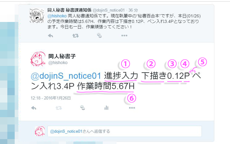 @dojinS_notice01 進捗入力　下描き0.12P　ペン入れ3.4P　作業時間5.6H
